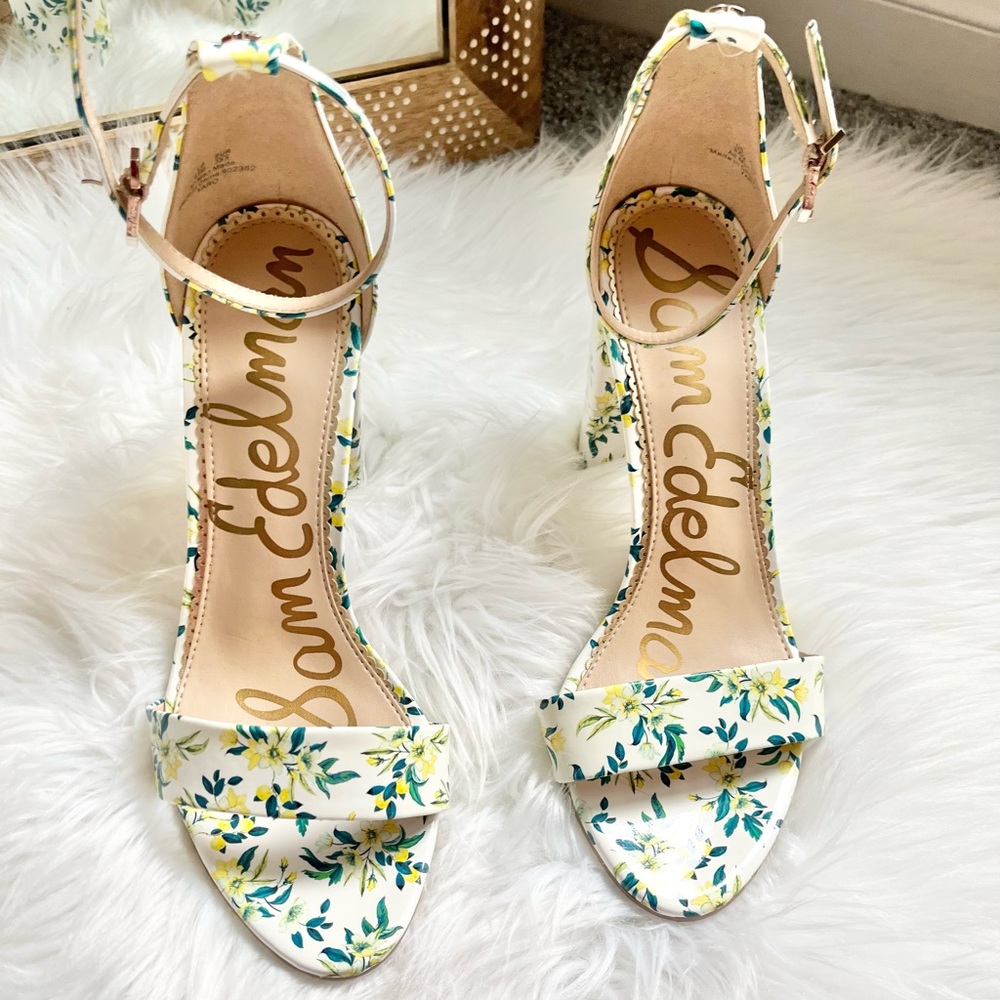 Sam Edelman Women White Multi Lemon Drop Floral Patent Yaro Heels - 8.5